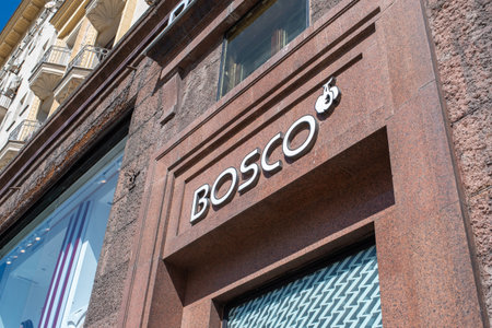 05.05.2022 Russia, Moscow: The sign of the Bosco Sport company in the trade store is the sports line...