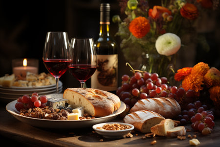Still life with wine, bread, grapes and nuts on wooden tableの素材