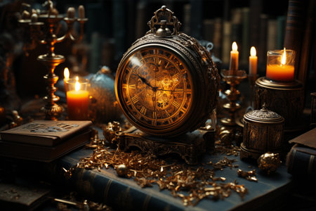 Conceptual and abstract image of a clock or alarm clock, books and other decorations. Time and lifestyle conceptの素材