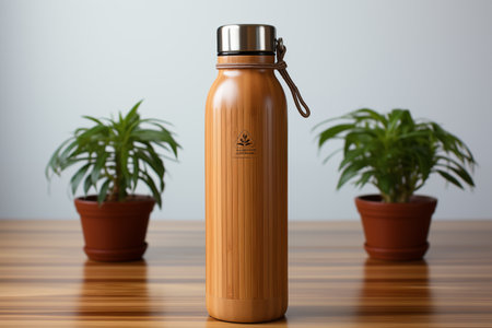 Environmentally friendly water bottle made from bamboo that contains a stainless steel interior for keeping beverages hot or coldの素材