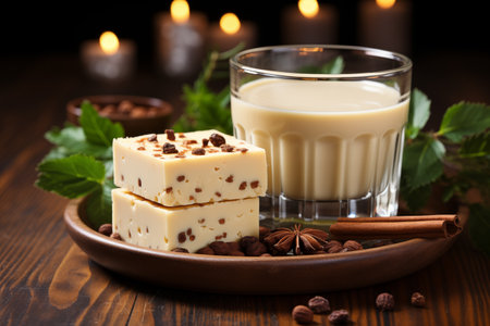 Healthy eggnog bar with cheesecake and nuts. Diet food conceptの素材