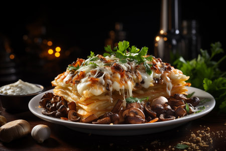 A small pies with potato, mushrooms, onion and cheese. Food Ai image conceptの素材
