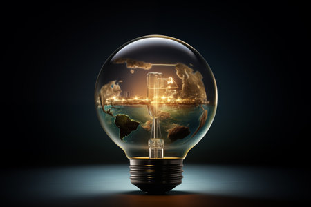 Glass light bulb with Earth planet inside on dark background. 3D renderingの素材