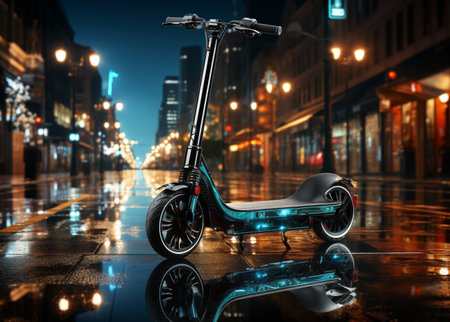 A futuristic electric scooter on the street of big city. Modern design concept backgroundの素材