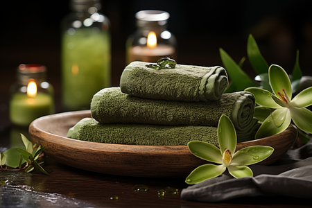 Zen and healthcare beauty concept. Vibrant spa setting. Bright green towels. Bali flowers and limes.の素材