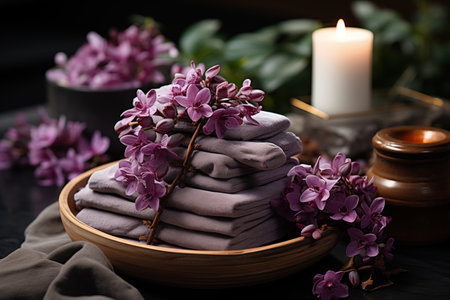 Zen and healthcare beauty concept. Vibrant spa setting. Violet and ma towels. Bali flowers and limes.の素材