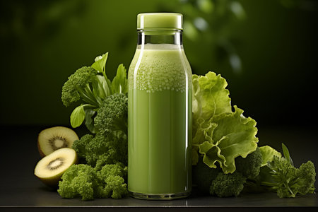 A mockup of bottle of celery and green vegetables and fruits juice. Healthy food conceptの素材