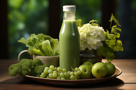A mockup of bottle of celery and green vegetables and fruits juice. Healthy food conceptの素材