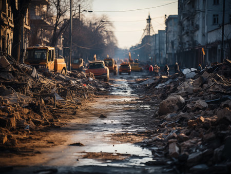 Image of a destroyed building and streetsの素材