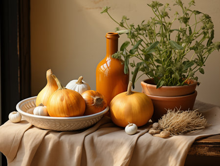Three pumpkins, garlic and potions on a table, in the style of terracotta, everyday life, installation-based, kitchen still life, soviet, uhd image, tondoの素材