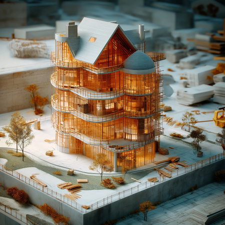 A top view of modern big city house under construction 3d model lying on design construction documentation, in the modern styleの素材
