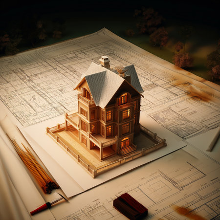 A top view of modern big city house under construction 3d model lying on design construction documentation, in the modern styleの素材