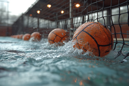 Sport game waterpolo. Waterpolo ball in water. Polo equipmentの素材
