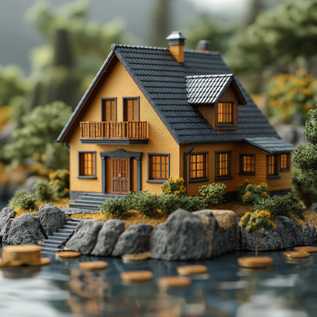 An illustrative ultrarealistic 3d concept of the housing market showing residential properties, real estate investment growth, and the potential for profit in a thriving property marketの素材