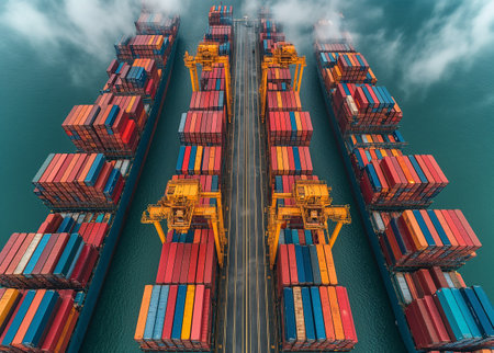 Image of Containers at commercial port harbour. Several hub ports serving more than 240 million tons of cargo during the yearの素材