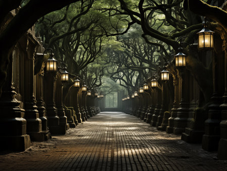 Street lights in the park at night with trees and fog in the backgroundの素材