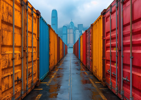 Image of Containers at commercial port harbour. Several hub ports serving more than 240 million tons of cargo during the yearの素材