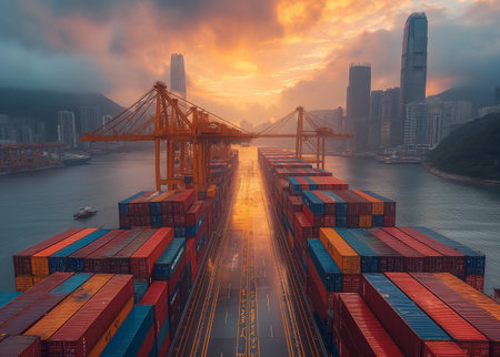 Image of Containers at commercial port harbour. Several hub ports serving more than 240 million tons of cargo during the yearの素材