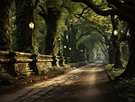 Pathway in the old park at night with trees and lanternsの素材