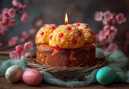 Easter celebration concept with image of multi colored eggs and easter pieの素材