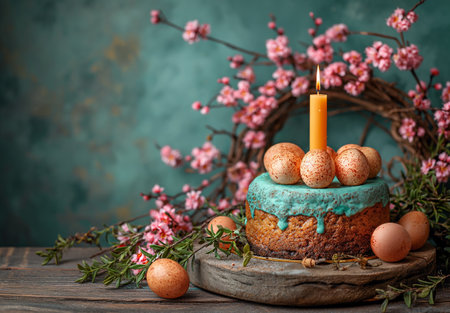 Easter celebration concept with image of multi colored eggs and easter pieの素材