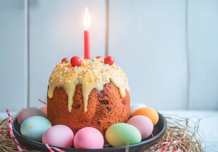 Easter celebration concept with image of multi colored eggs and easter pieの素材