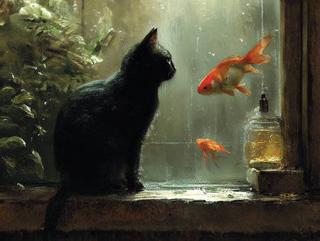 A cat is looking at fish in an aquariumの素材