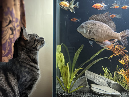 A cat is looking at fish in an aquariumの素材