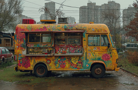 A food truck in a city with multiple writings on it, in the style of hipsterの素材