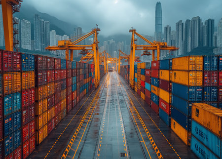 Image of Containers at commercial port harbour. Several hub ports serving more than 240 million tons of cargo during the yearの素材