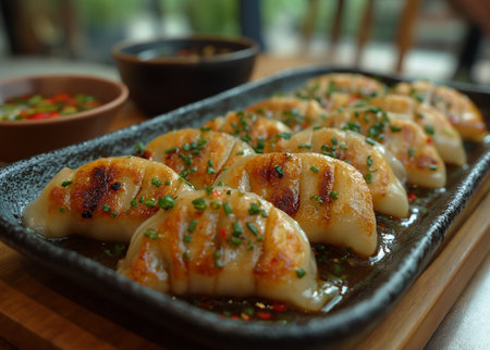 a black tray with dumplings and sauce, in the style of dark yellow and light azureの素材