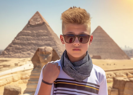 Pyramids of Giza, Egypt. A portrait of a teenager touristの素材