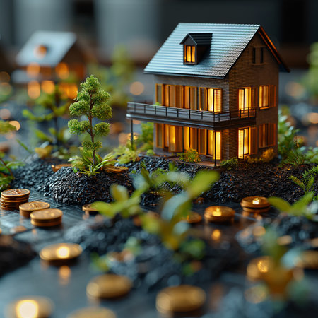 An illustrative ultrarealistic 3d concept of the housing market showing residential properties, real estate investment growth, and the potential for profit in a thriving property marketの素材