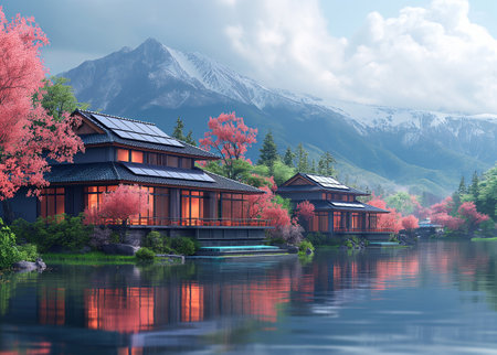 People are installing solar panels on their homes; already installed panels are visible on the roofsの素材