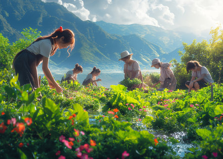 People picking herbs or vegetables in the gardenの素材
