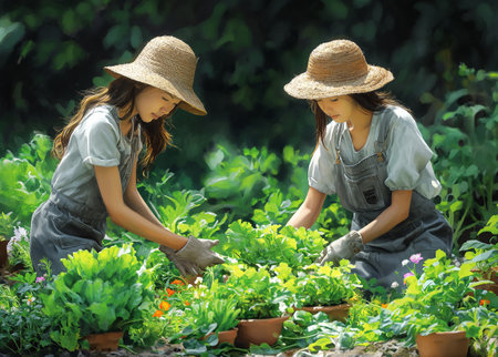 People picking herbs or vegetables in the gardenの素材