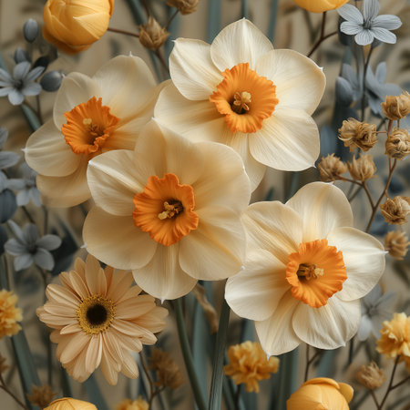 Beautiful daffodil flowers and gypsophila flowers backgroundの素材