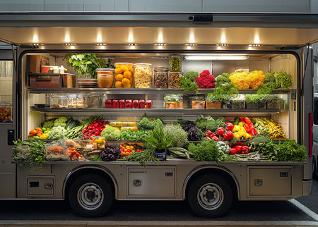 Truck with vegetables and fruits in the supermarket. Concept of healthy eating.の素材