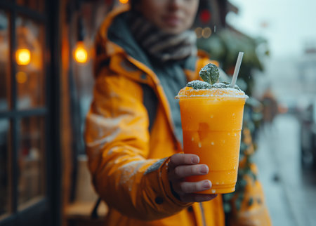 Close-up of a girl in a yellow jacket holding a glass of orange smoothie on the background of a cafe.の素材