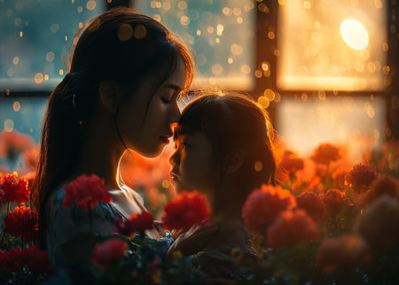 Mother and daughter kissing in the garden. Mother's day concept.の素材