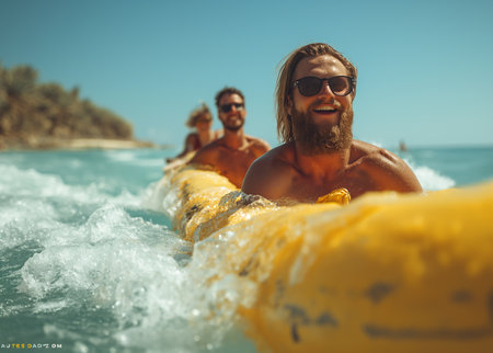 Group of friends having fun in inflatable ring on the beach.の素材