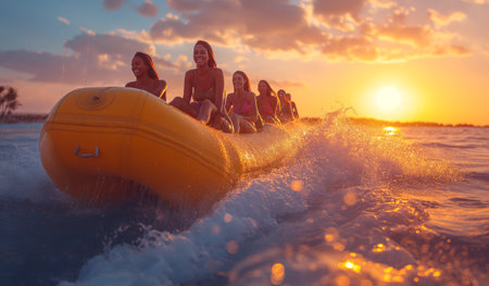 Group of friends having fun on inflatable boat at the beach at sunsetの素材