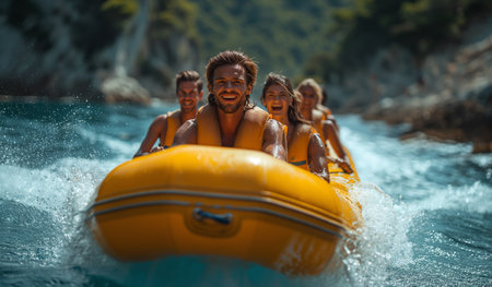 Group of friends having fun on an inflatable boat in the seaの素材