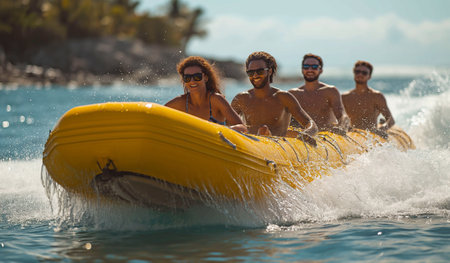 Group of happy friends having fun on inflatable boat at tropical beachの素材