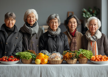 Group of senior Asian women with healthy food on table at homeの素材