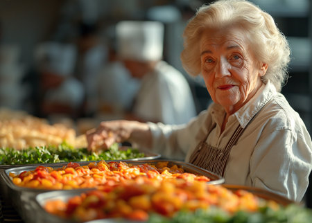 Elderly woman selling fresh vegetables in a market, close upの素材