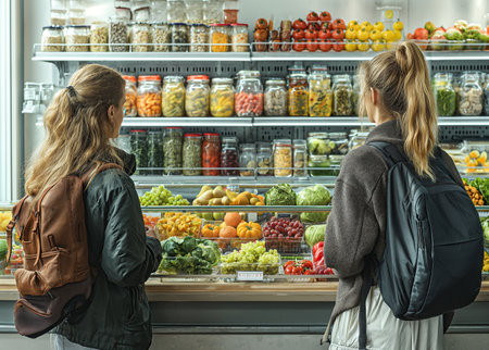 Rear view of two young women looking at shelves with fresh vegetables in supermarketの素材