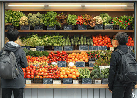 Fruits and vegetables on the shelves in the supermarket. 3d renderingの素材