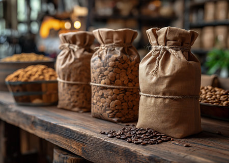 Coffee beans in bags on a wooden shelf in a coffee shopの素材
