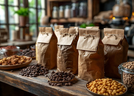 Coffee beans in paper bags on wooden table in coffee shopの素材